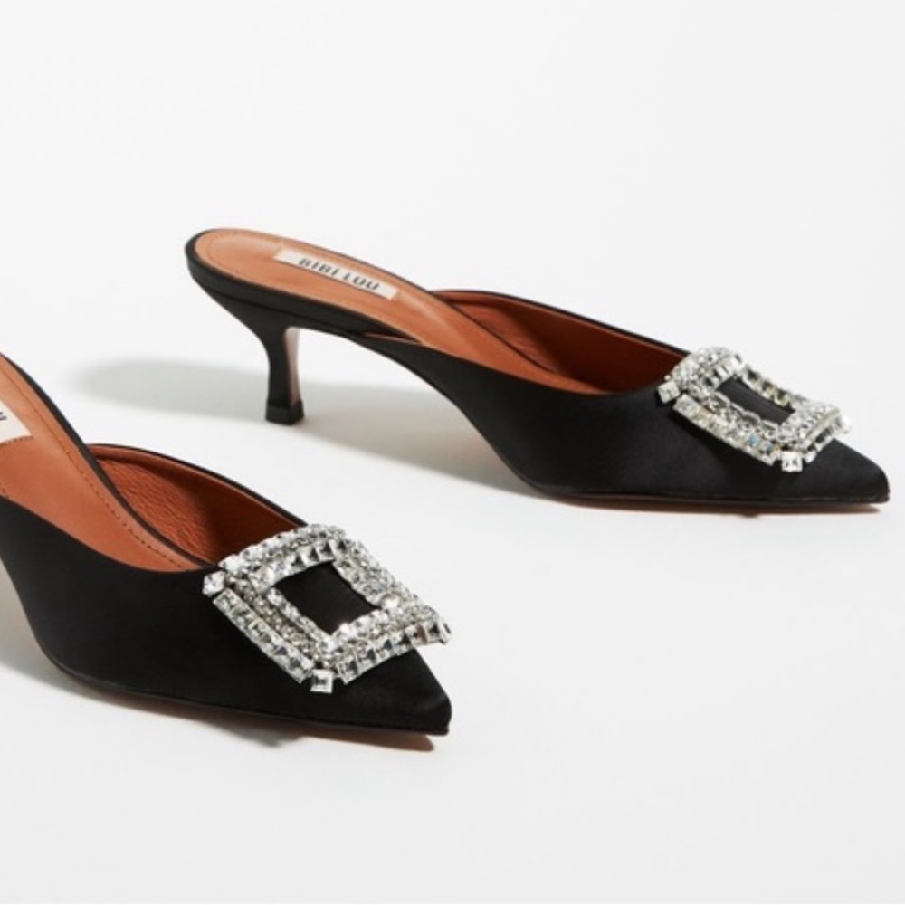 New Bibi Lou x Anthropologie Aoi 5 Black Satin Rhinestone Crystals Formal Mules